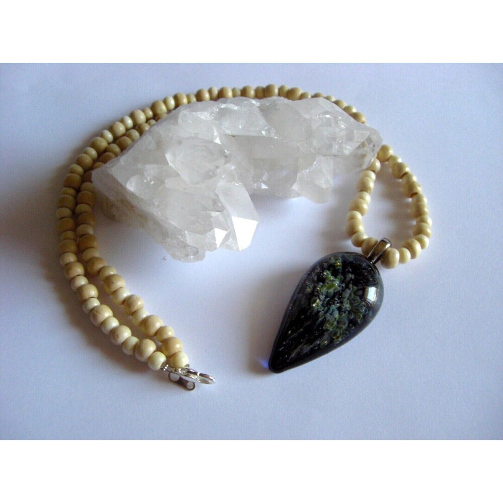 Boro Art Glass Pendant On 19" Wooden Bead Necklace Boho Style Artisan Made 2008 - Picture 3 of 14